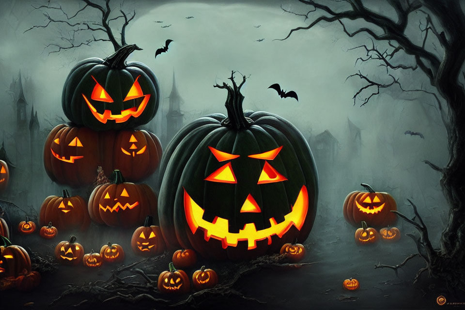 Haunted Halloween Night: Pumpkins, Bats, Trees, and Castle