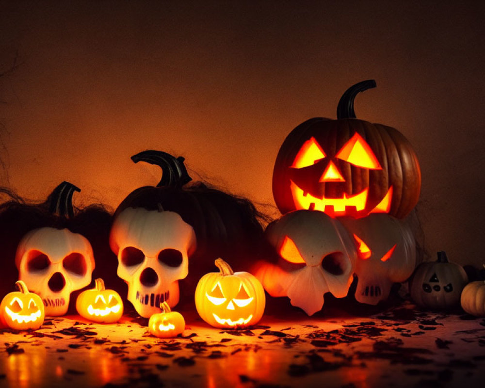 Assorted Halloween decorations: carved pumpkins, skull lanterns, cobwebs, autumn leaves on dark