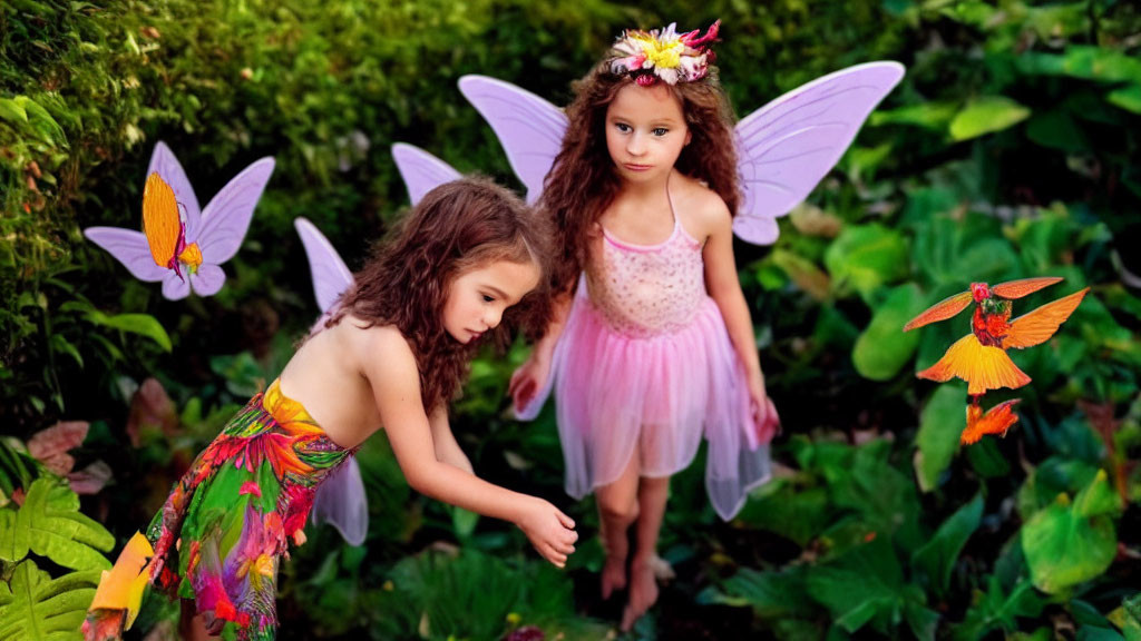 Young girls in fairy costumes with colorful wings in lush garden with vibrant butterflies