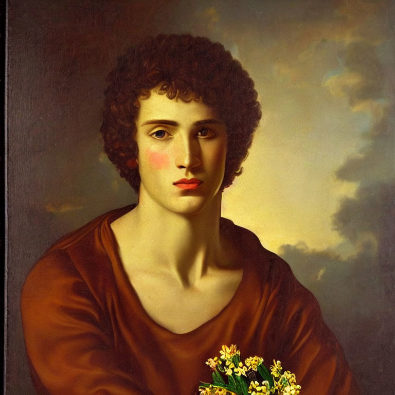 Classical portrait of figure with curly hair and intense gaze in brown garment with yellow flowers bouquet