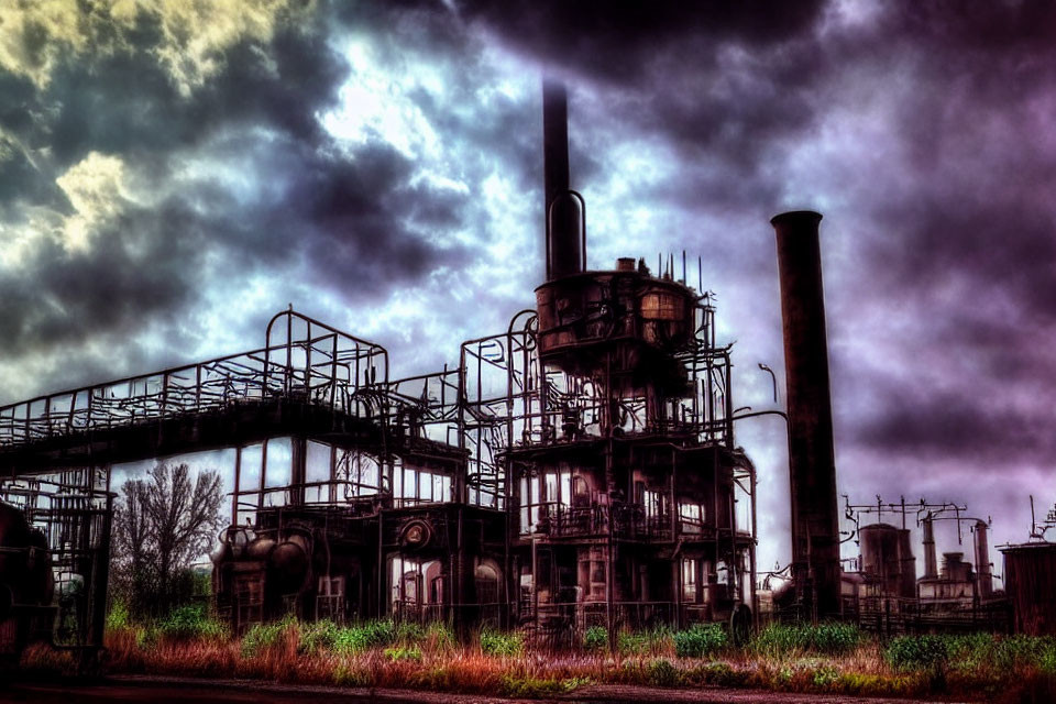 Metal structures and chimneys in industrial complex under dramatic sky.