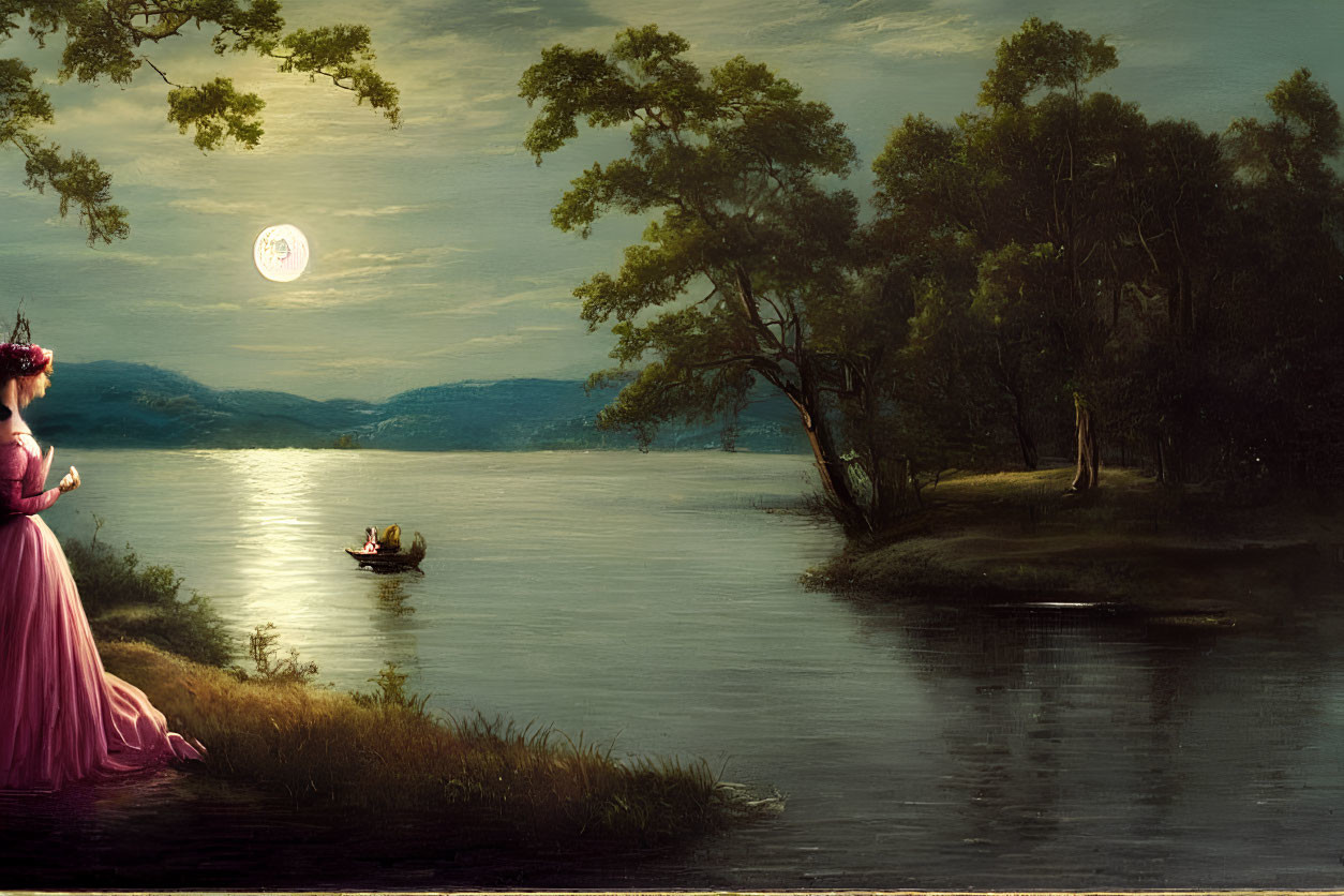 Woman in pink dress by serene lake at dusk with full moon, trees, small boat