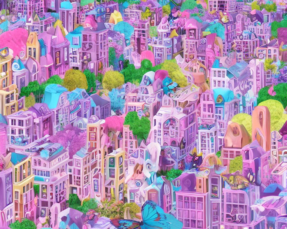 Pastel-colored cityscape with oversized fauna and lush vegetation