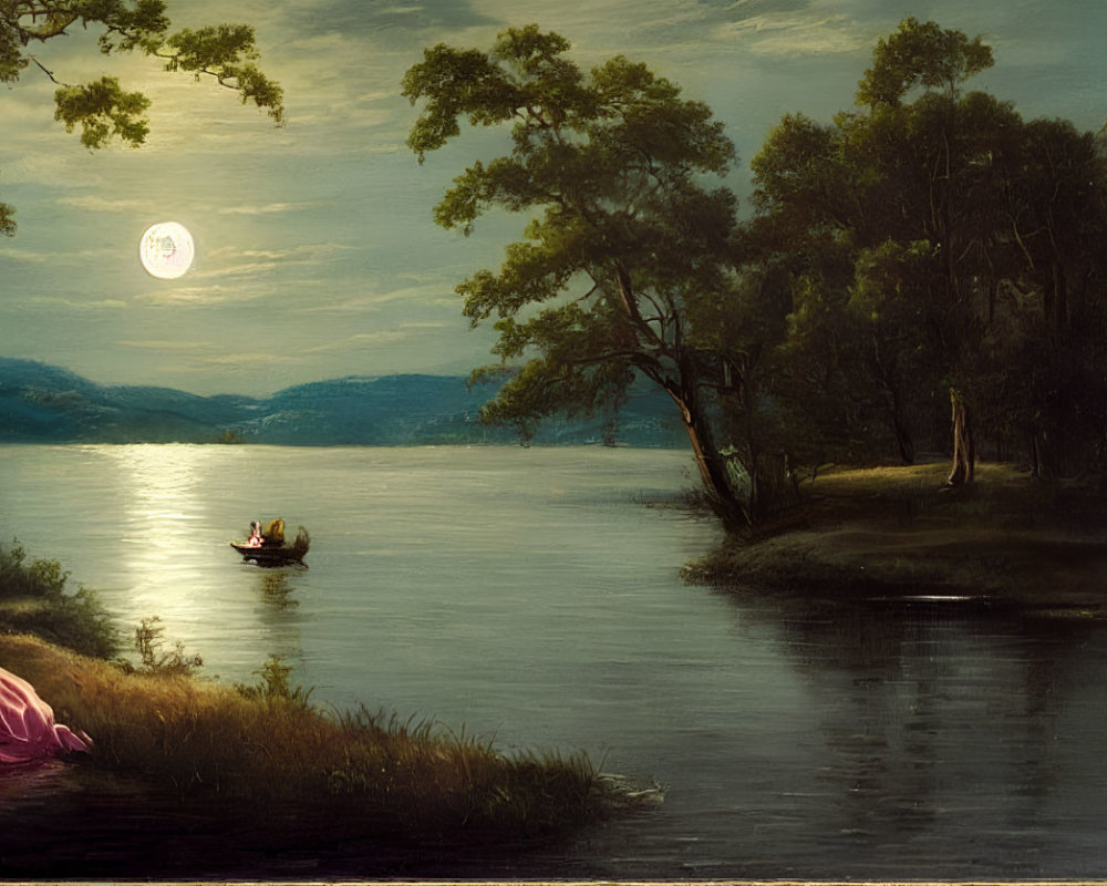 Woman in pink dress by serene lake at dusk with full moon, trees, small boat
