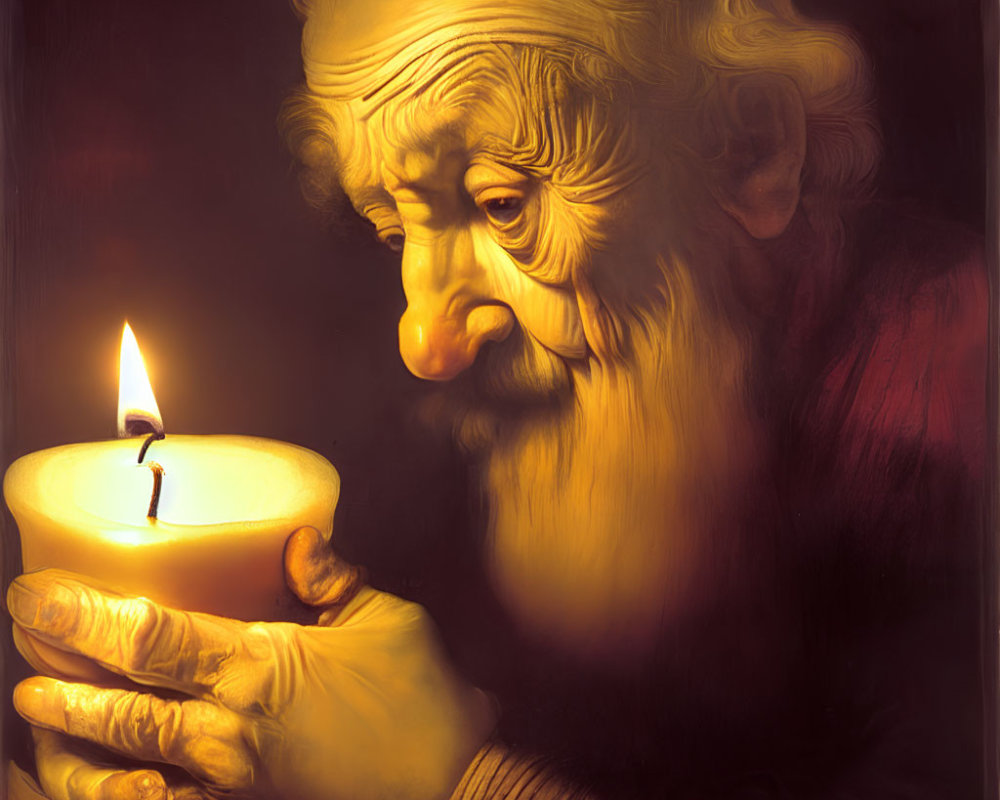 Elderly person with white beard holding lit candle in dark ambiance