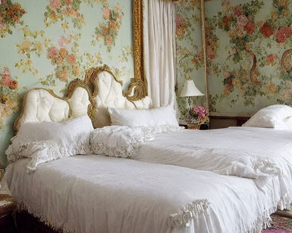 Opulent room with twin beds, white fringed coverlets, ornate gold headboards, floral