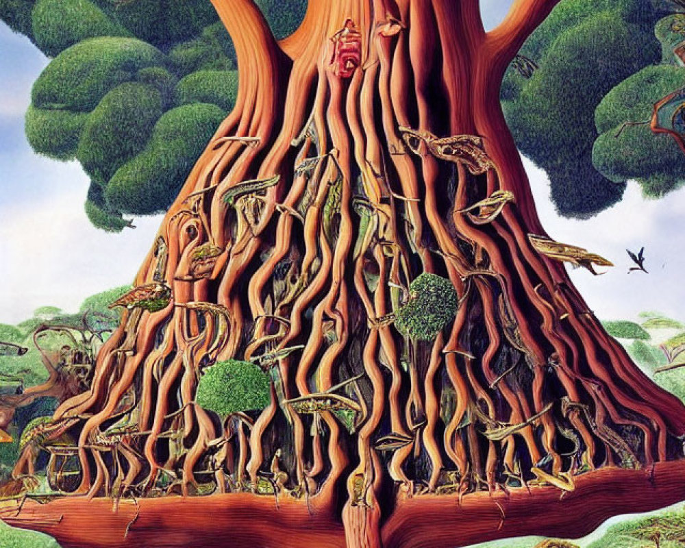 Surreal painting: Large tree with human features and green landscape