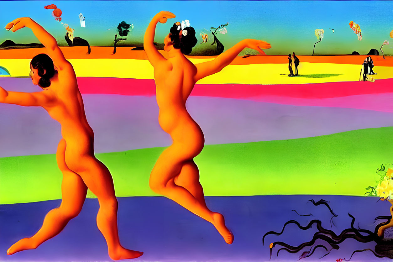 Silhouetted figures dancing on colorful striped landscape