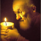 Elderly person with white beard holding lit candle in dark ambiance