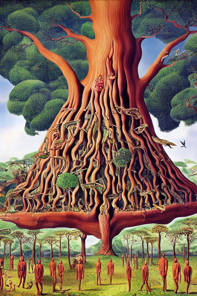 Surreal painting: Large tree with human features and green landscape