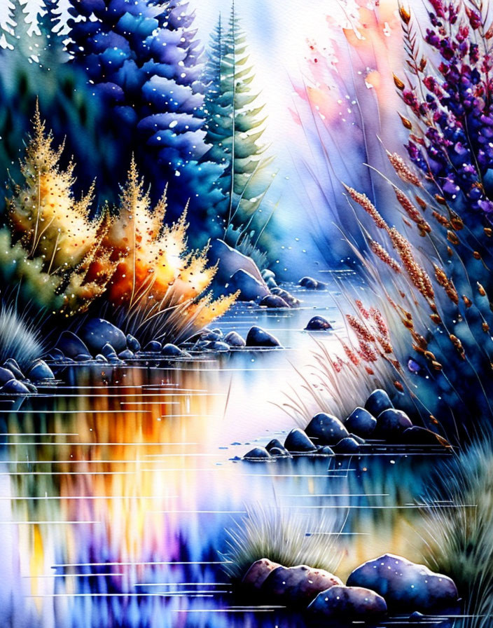 Serene riverside watercolor with colorful flora and reflections