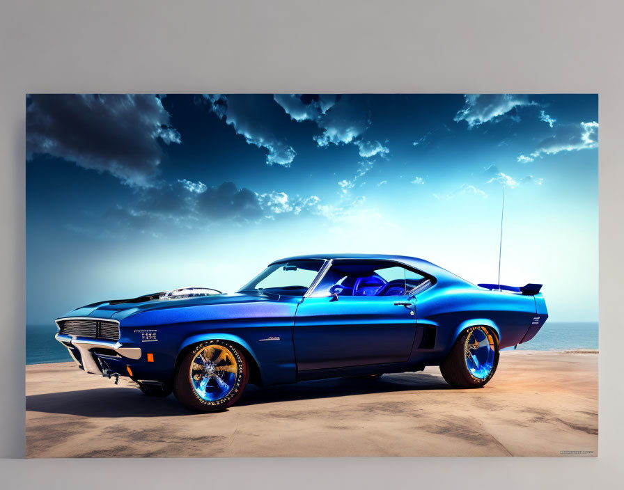 Vintage blue muscle car with gold rims against blue sky and soft clouds