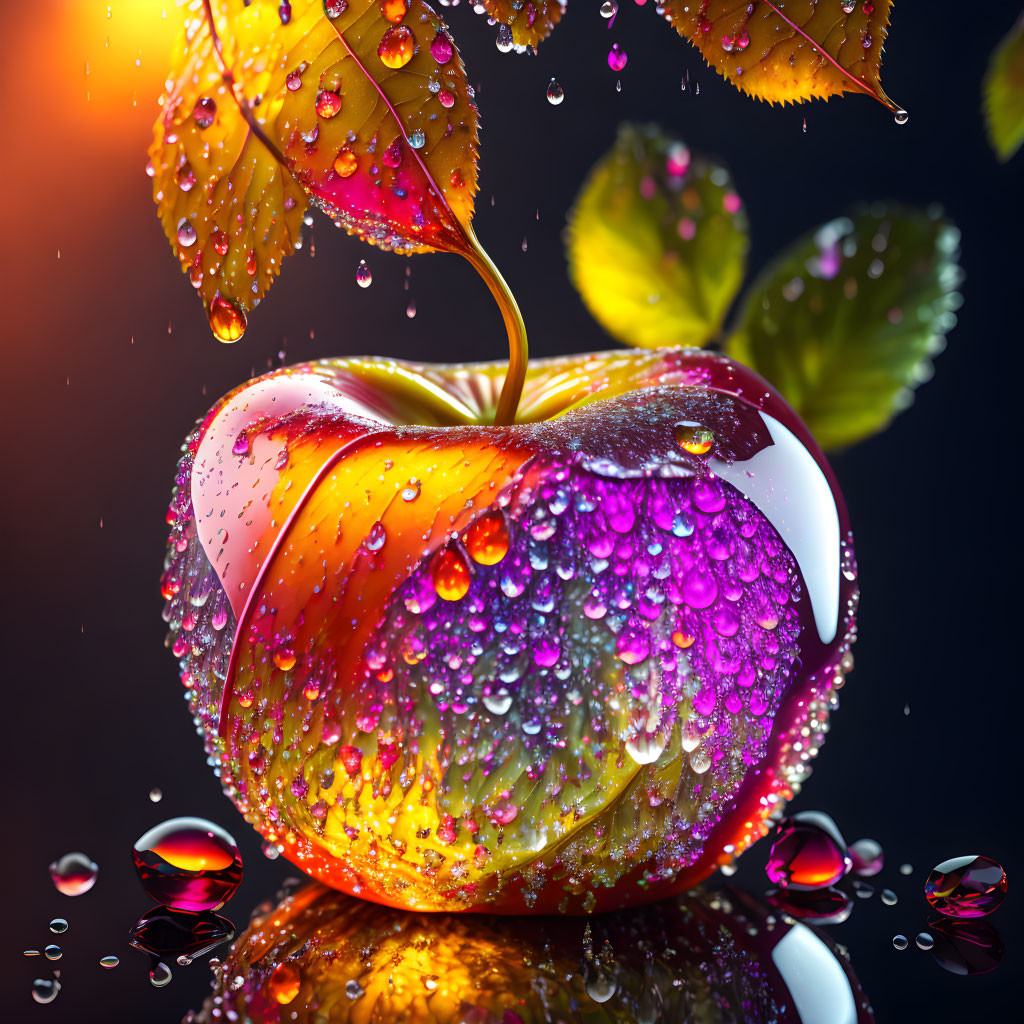 Vibrant colorful apple with water droplets on dark background