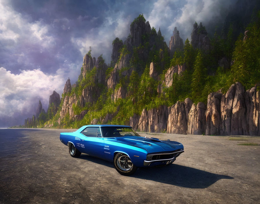 Vintage Muscle Car on Scenic Road with Rocky Cliffs and Cloudy Sky