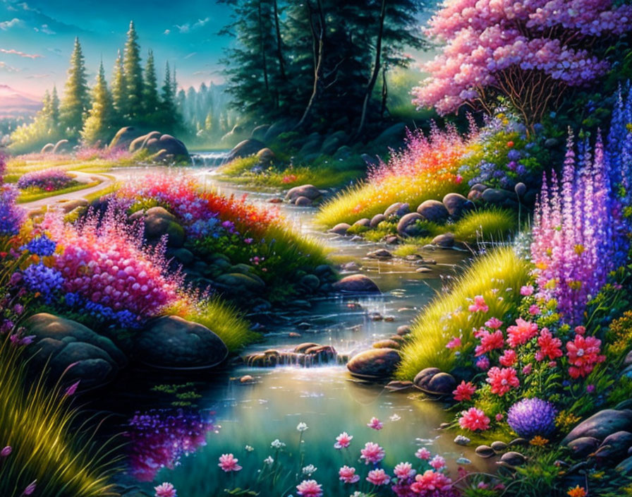 Colorful Landscape with Stream, Flowers, and Greenery