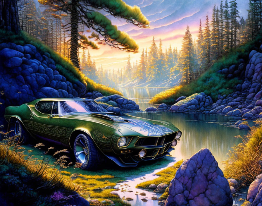 Classic green muscle car by serene lake in vibrant forest sunset scene