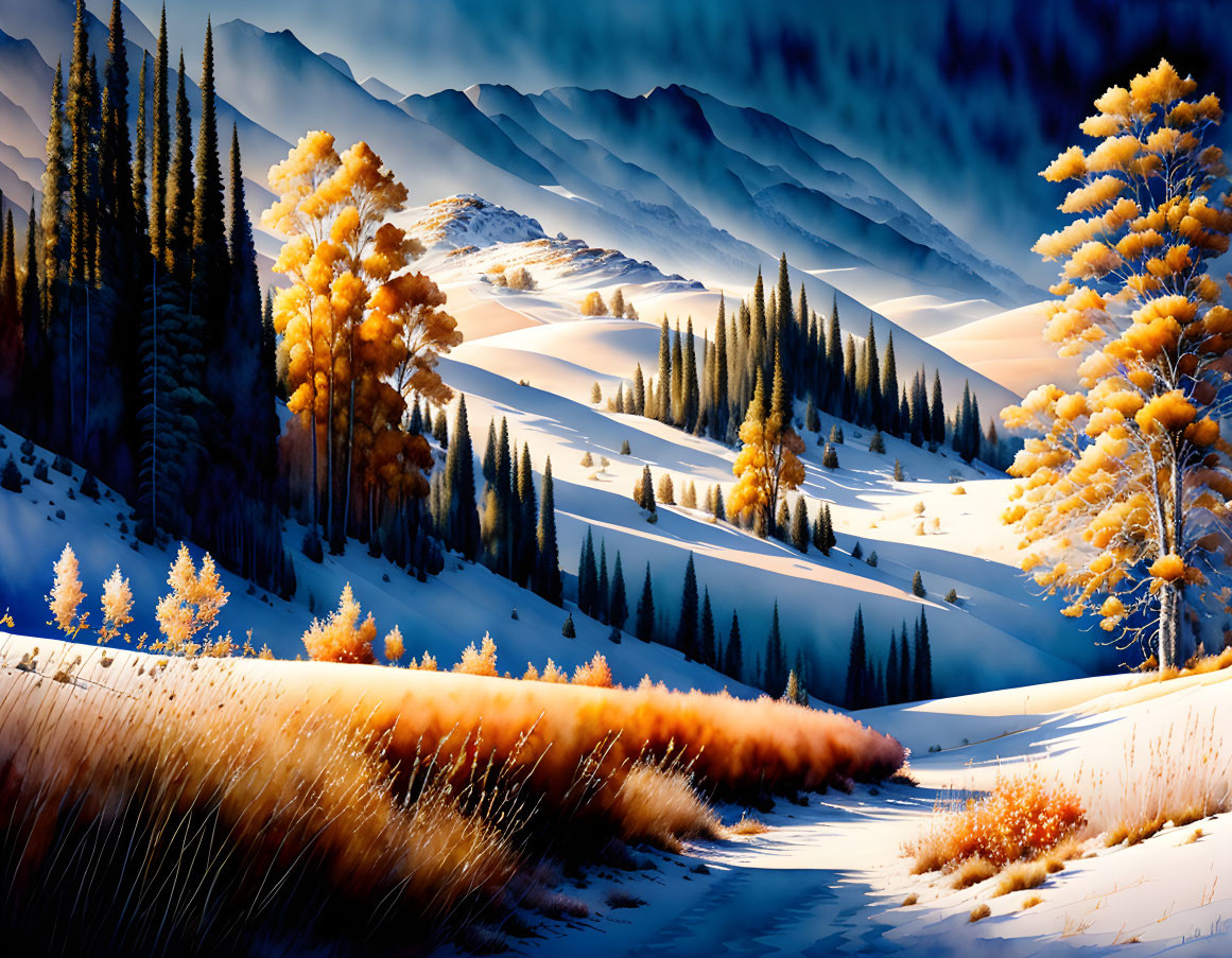 Snow-covered hills, golden trees, river, mountains in serene winter landscape