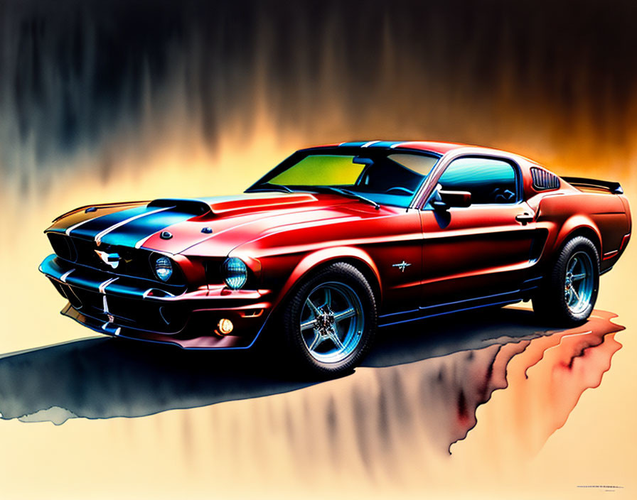 Vintage muscle car with racing stripes in vibrant illustration.