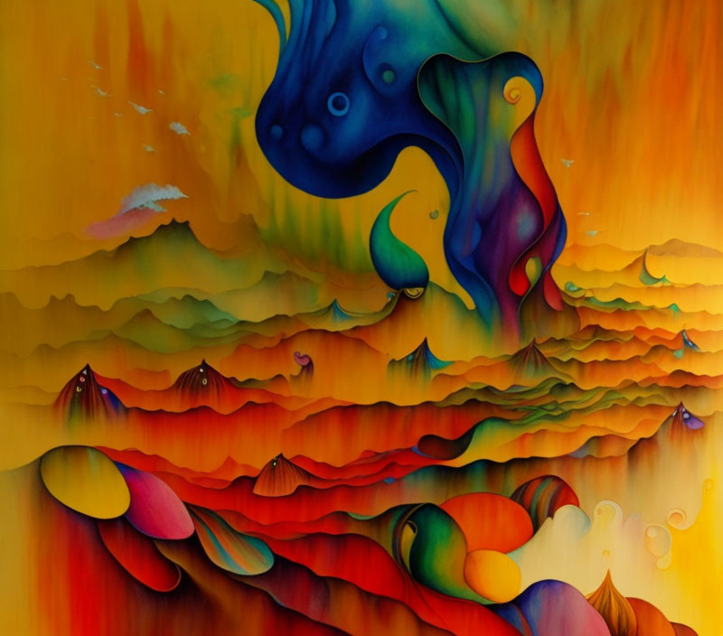 Vibrant surreal landscape with floating shapes and hill-like formations