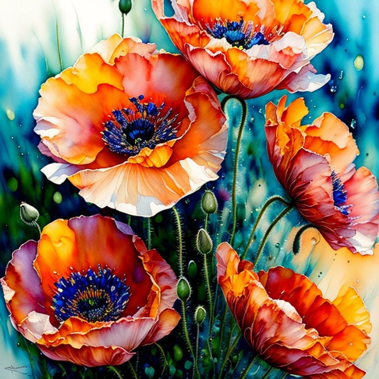 Vibrant poppies painting with orange and white petals on blue background