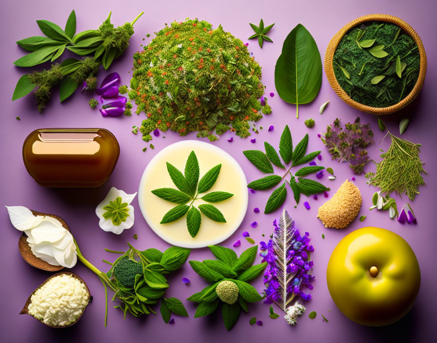 Assorted herbs, plants, and jar on purple background