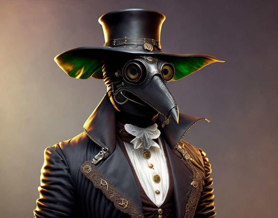 Steampunk-inspired plague doctor mask with top hat, leather jacket, and cravat.