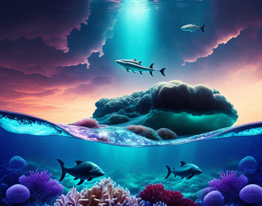 Split view of vibrant underwater scene with fish and colorful coral reef under surreal purple-toned sky.