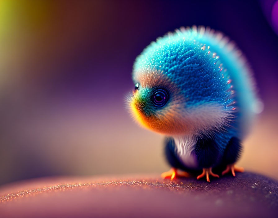 Fantasy blue creature with fluffy body and big eyes on colorful background