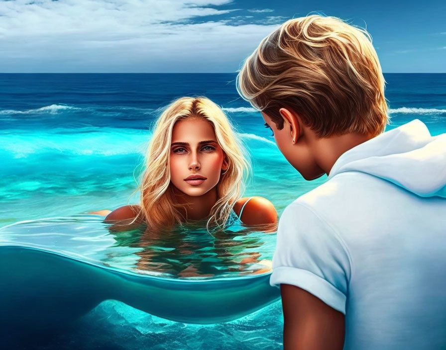 Digital artwork of young boy and blonde mermaid by vivid blue ocean