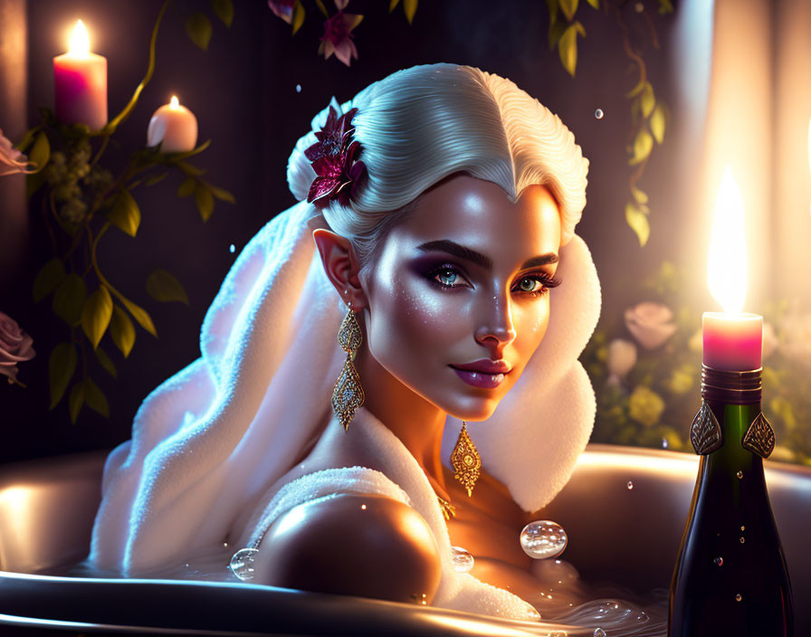 Elegant woman with white updo in bubble bath with candles and flowers