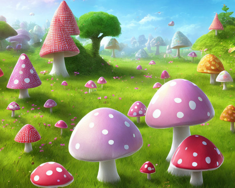 Fantasy Mushroom Field Under Bright Sky