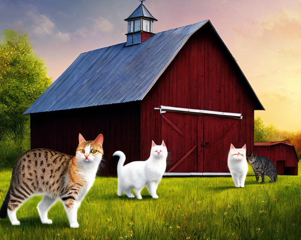 Three Cats in Front of Red Barn on Sunny Day