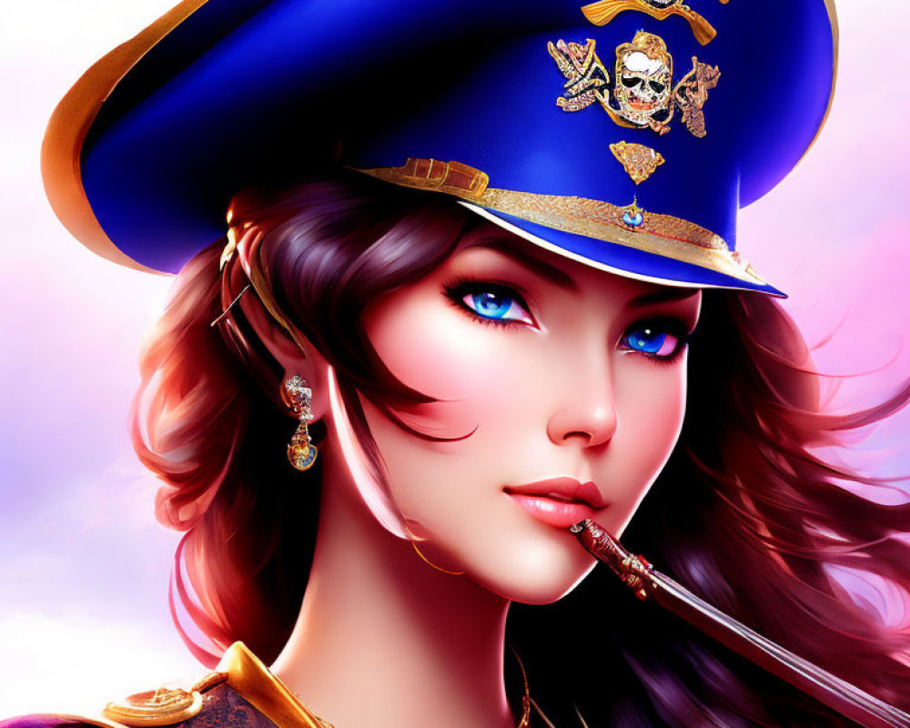 Woman with Blue Eyes and Pirate Hat Holding Sword Illustration