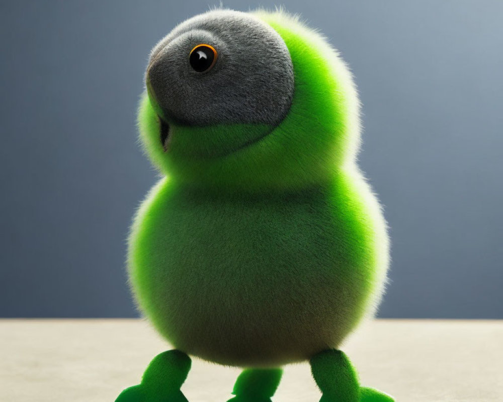 Fluffy Green Creature with Large Eyes on Grey Background