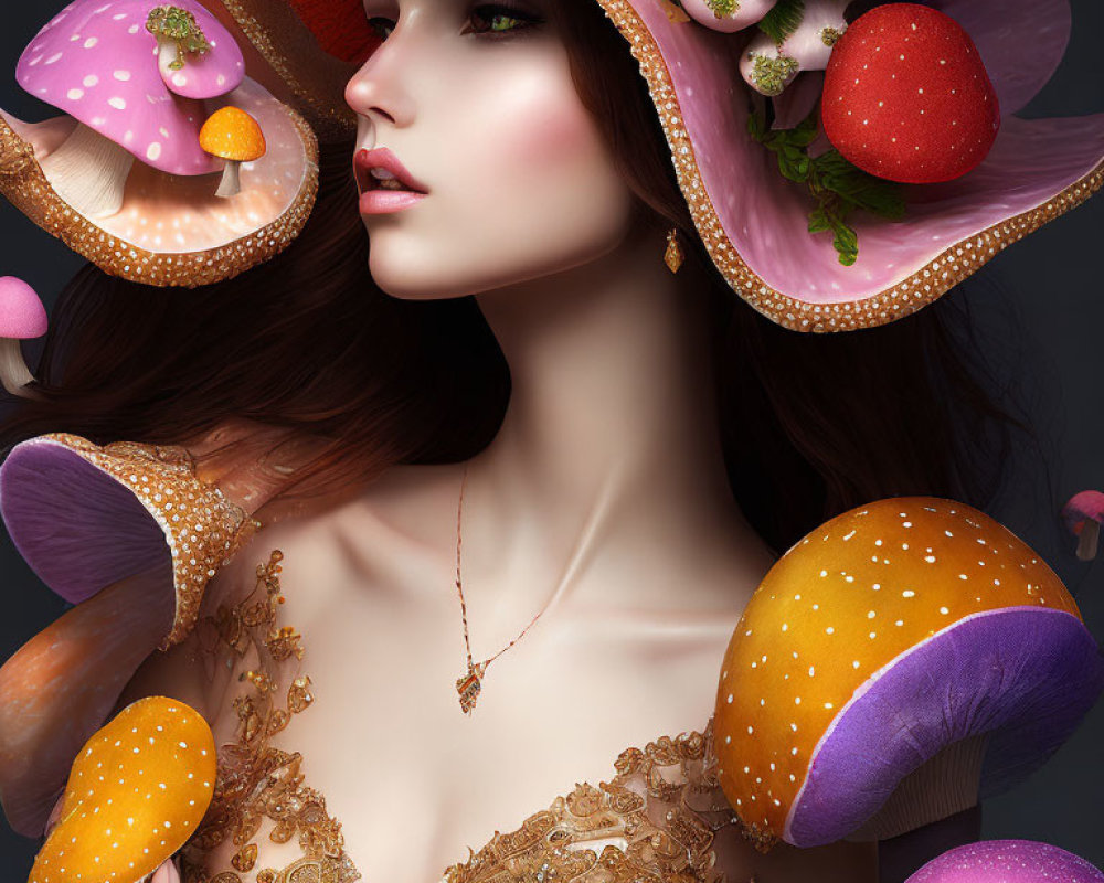 Woman in Elaborate Mushroom and Strawberry Hat with Lace Dress