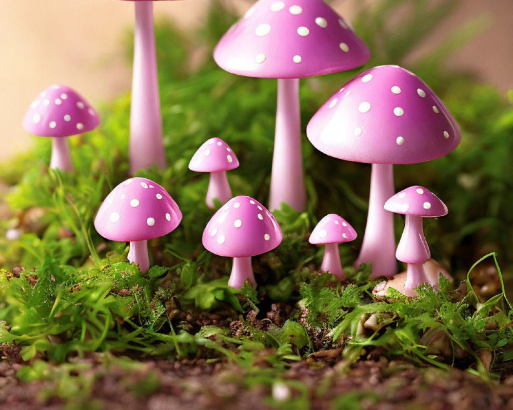 Pink Polka-Dotted Mushrooms in Lush Green Moss