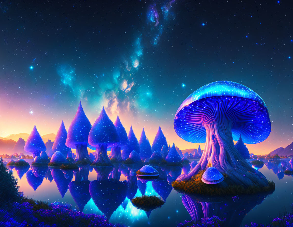 Fantastical landscape with oversized mushrooms by tranquil lake under starry night sky