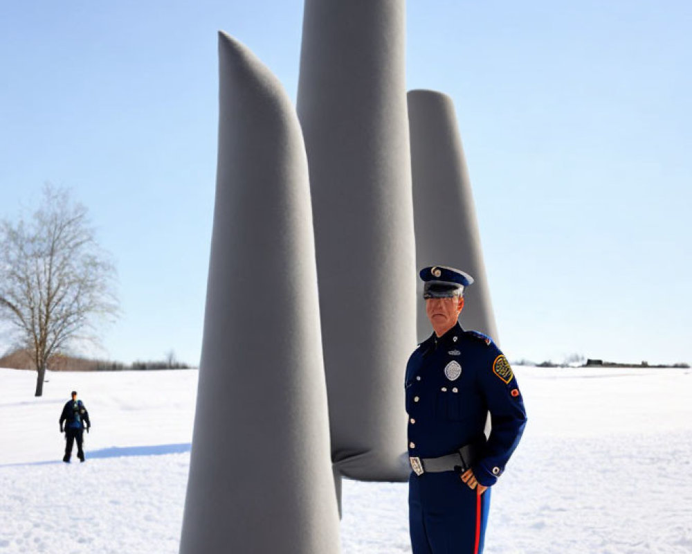 Uniformed officer posing in snow by abstract sculpture under clear sky