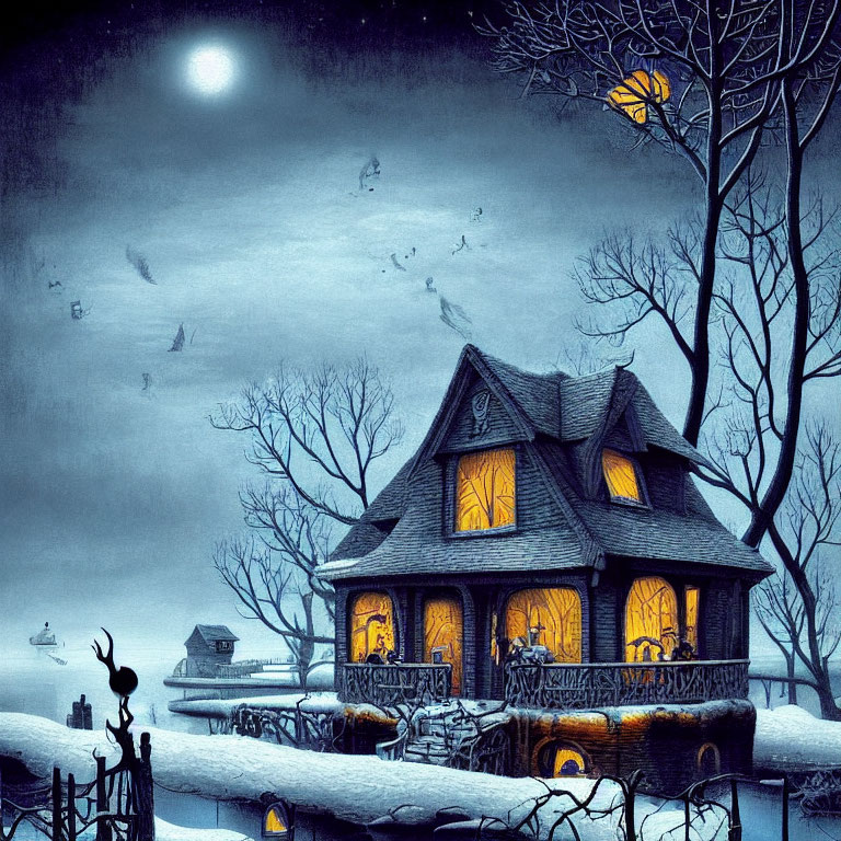 Snowy Night Cottage Scene with Full Moon and Bare Trees
