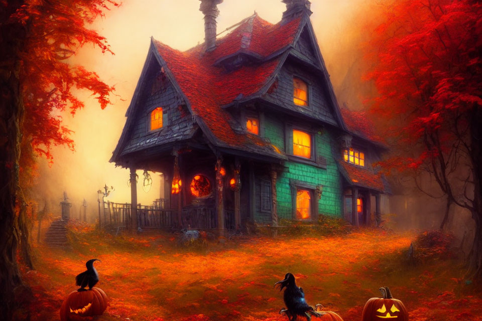 Victorian house with Halloween decorations in autumn setting