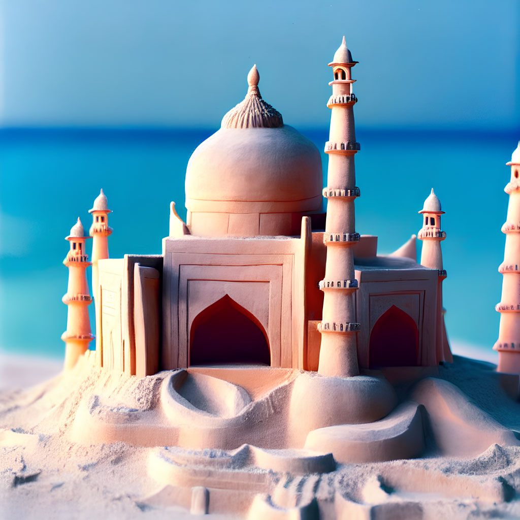 Detailed Sandcastle Palace on Beach with Blue Water Background