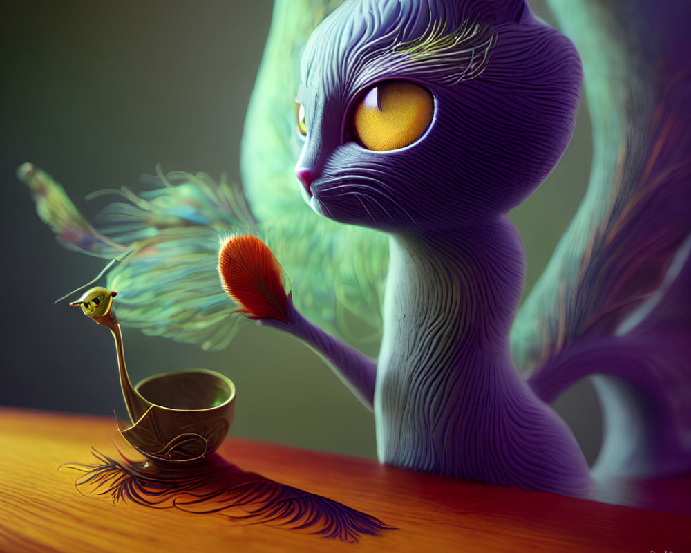Purple Cat and Bird Illustration with Feather and Bowl