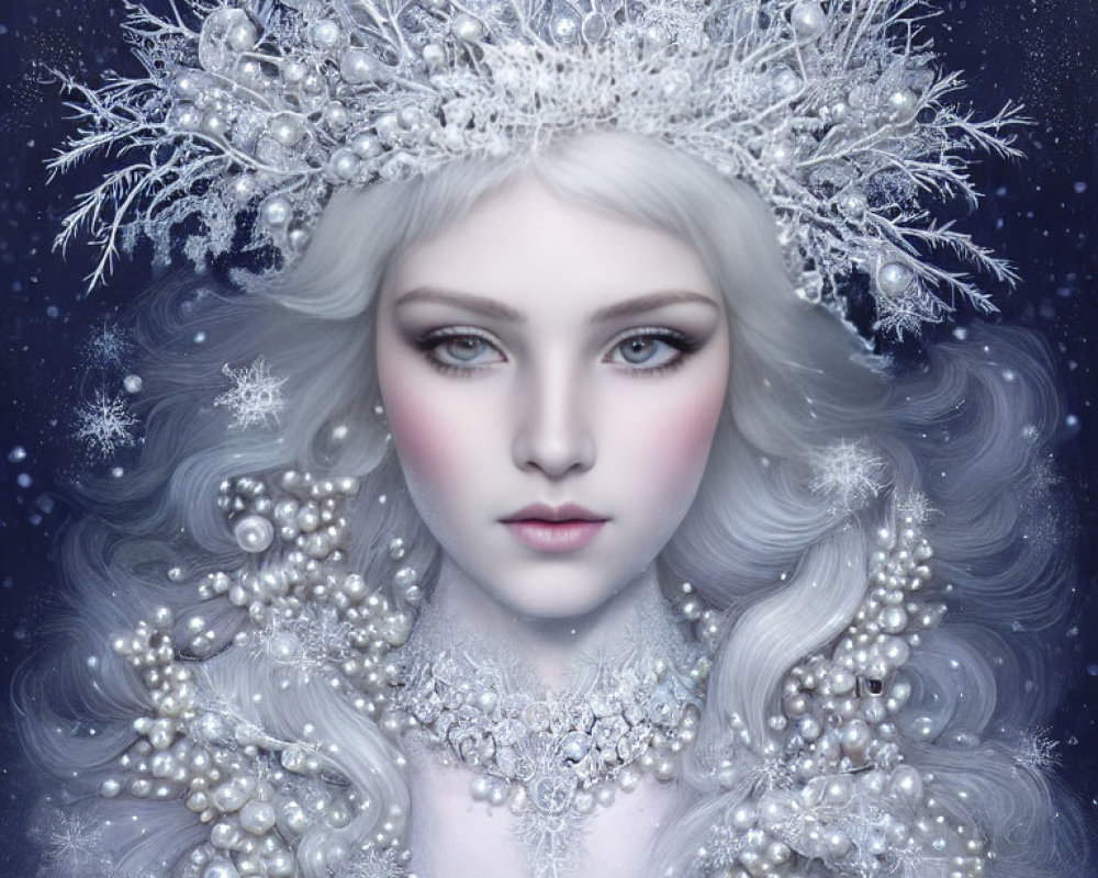 Fantasy ice queen portrait with silver hair and snowflake crown