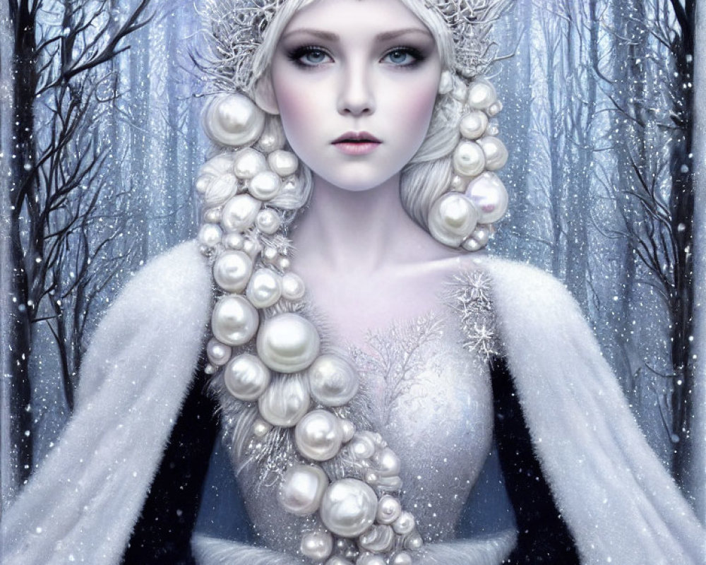 Woman in Snow Queen attire in winter forest with pearl headpiece