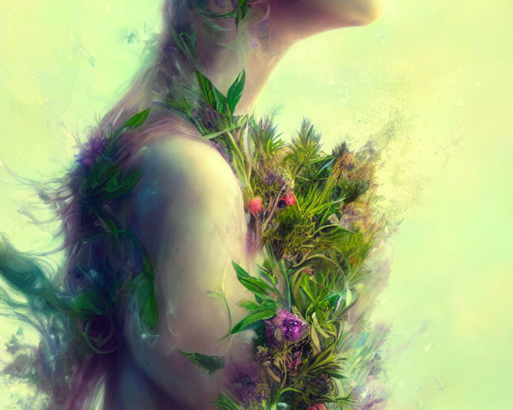 Ethereal artwork: Woman with flowers and foliage merging into her body