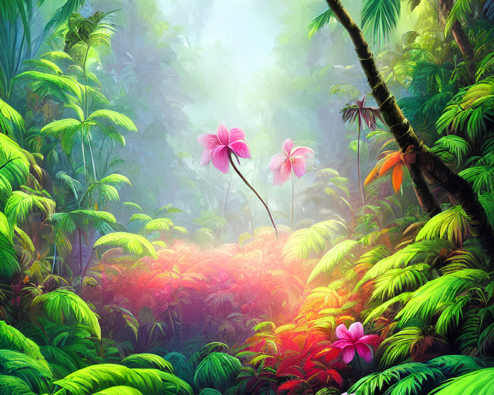 Vibrant pink flowers in lush tropical forest