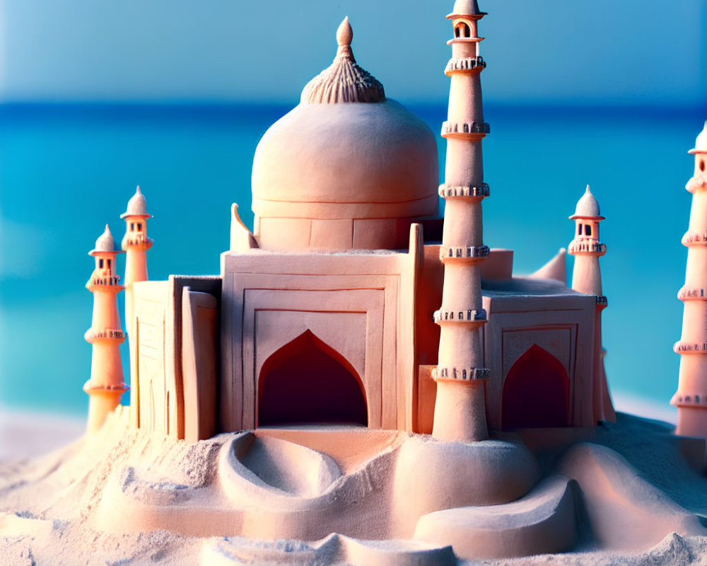 Detailed Sandcastle Palace on Beach with Blue Water Background