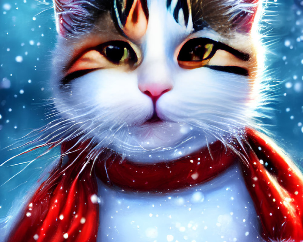 Colorful Cat Artwork: Cat with Red Scarf in Snowfall