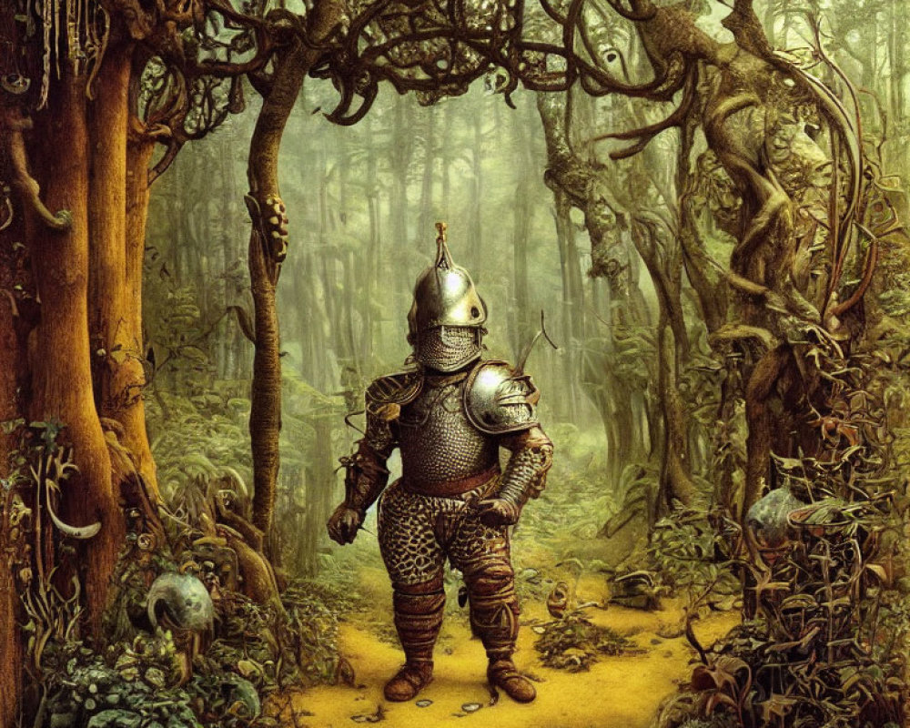 Knight in Full Armor Contemplates in Eerie Forest with Skull