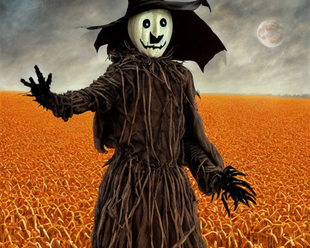 Spooky scarecrow with pumpkin head in cornfield at night